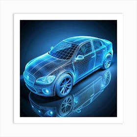 A wireframe model of a car, with a blue glow and a reflection on the ground. Art Print