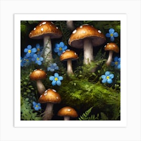 Miniature Ferns, Toadstools and Blue Forget-me-nots Art Print