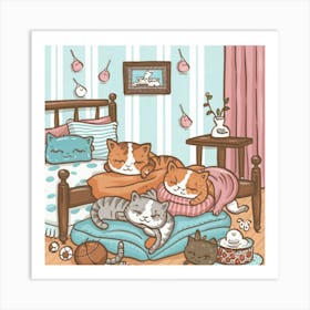 Catnap Chronicles Print Art - A Comical Portrayal Of Cats Attending A Sleepover, Complete With Pajamas, Sleeping Bags Art Print