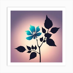 Branch with turquoise flower, purple, coral background Art Print