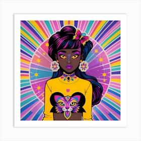 Rainbow Girl With Cat Art Print