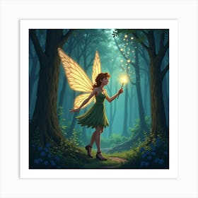 A Glowing Fairy Holding A Magical Wand In An Enchanted Forest 1 Art Print