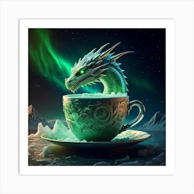 Firefly Green, Dragon, Coffee, Cup, Iceberg, Ocean, Artic, Background, Northern Lights, Hyper Realis (9) Art Print