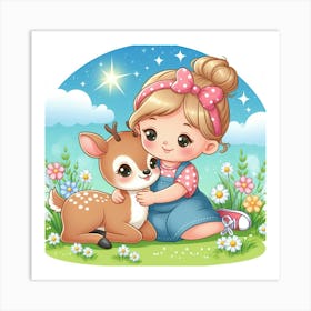 Cute Little Girl Hugging A Deer Art Print
