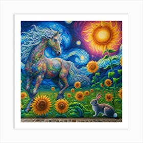 Horse And Sunflowers Art Print