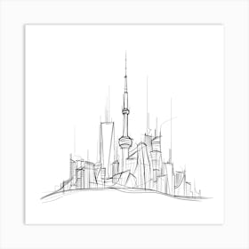 Tokyo Skyline, minimalist, line art, black and white. Art Print