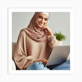 Muslim Woman Using Laptop Art Print