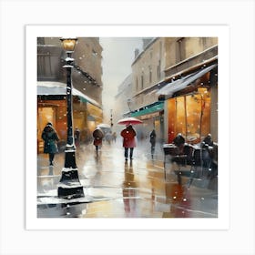 Paris cafes, winter season, Christmas, pale colors, pedestrians in the street, winter clothes, falling snow.2 Art Print