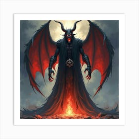 Demon In Dark Magic Ritual, Vibrant Watercolor Backdrop 1 Art Print