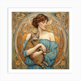 Woman with her Beloved Cat in Style of Art Nouveau 4 Art Print