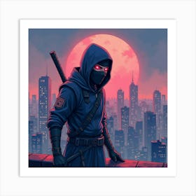 Ninja Fighter In A Watercolor City Rooftop With Neon Glow 1 Art Print