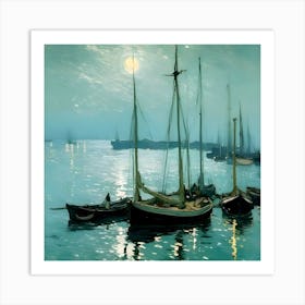 Moonlight At The Harbor Art Print