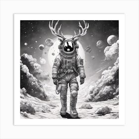 A Deer In Cosmonaut Suit Wandering In Space 1 Art Print