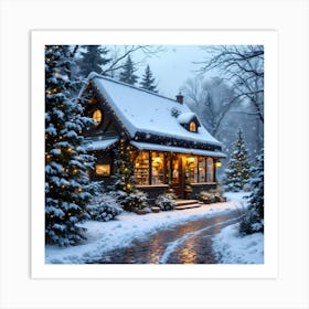 Christmas Cottage In The Snow Art Print