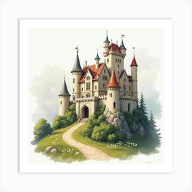 English Castle With Romanian Legends, Painted In Soft Watercolor Tones 1 Art Print