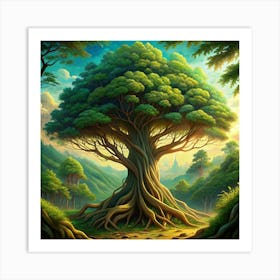 Illustration Of A Giant Tree With A Forest Behind It Art Print