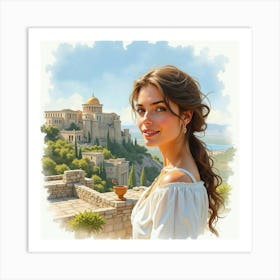 A Stunning Watercolor Portrait Of A Greek Woman With The Majestic Backdrop Of A Historical Site 1 Art Print