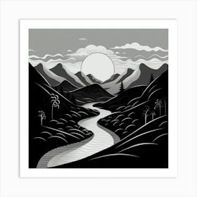 Design of river, Black And White Landscape Art Print