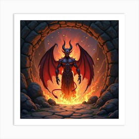 A Demon Emerging From A Fiery Portal In A Stone Cave 1 Art Print