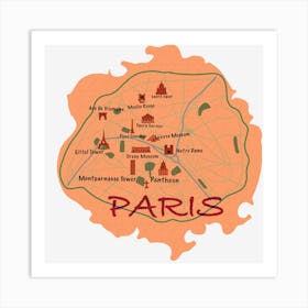 Paris City map with sights to see Art Print