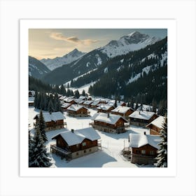 A Picturesque Alpine Village Nestled Among Snow-Covered Mountains And Evergreen Forests 2 Art Print