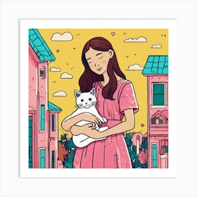 Asian Girl Holding Cat Art Print
