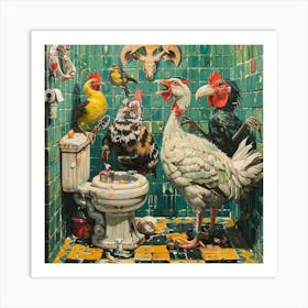 Chickens In The Bathroom Art Print