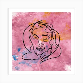 Line Art Portrait with Watercolor Painting Background Art Print