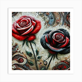 Stunning Red and Black Roses Mosaic Art - Unique Floral Wall Decor, Digital Art Print for Modern Interiors Art Print