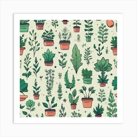 Seamless Pattern Of Potted Plants Art Print