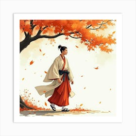 Elegant Japanese Man In Traditional Attire, Strolling Under Autumn Leaves, Watercolor Style Art Print