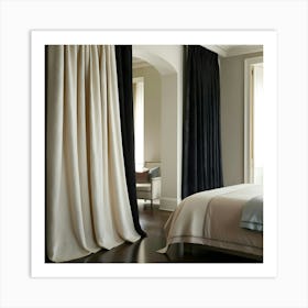 A Serene Main Bedroom Suite With Floor To Ceiling, Rich Black Curtains Adorned With Subtle, Intricate Patterning, Beautifully Draped In A Flowing, Smooth Fold, Blending Seamlessly 2 Art Print