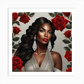 Black Woman With Red Roses Art Print