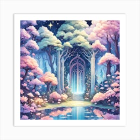 A Fantasy Forest With Twinkling Stars In Pastel Tone Square Composition 298 Art Print