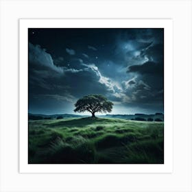 Live Action Photo Single Tree Centered On A Meadow Plateau Under A Night Sky Darkness Envelops The Art Print