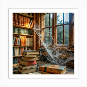 Spider Web In A Library Art Print