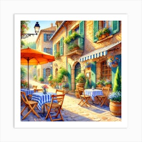 Charming European Café Street in Pastel Tones – Outdoor Dining in Provence Art Print