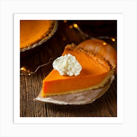 Firefly Pumpkin, Pie, Slice, Whipped, Cream, Close Up, Wooden, Table, Top View, Thanksgiving, Food, (3) Art Print