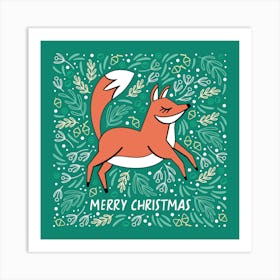 Christmas Fox Green Square Illustrated Art Print