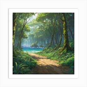 Serene Tropical Forest Path Leading to a Secluded Beach at Sunrise Art Print