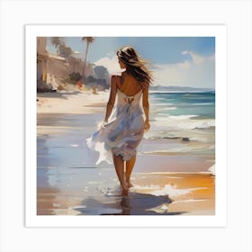 Woman Walking On The Beach Art Print