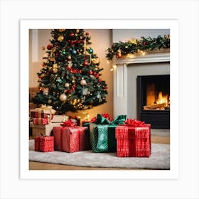 Christmas Presents In Front Of Fireplace Art Print