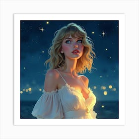 Taylor Swift In A Glowing Watercolor Night Scene, With Stars Softly Glowing Art Print