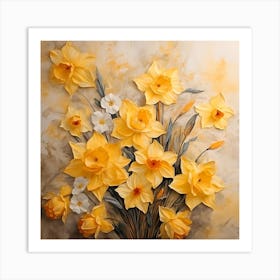 Daffodils Waving Stem Pointed Leaves Yellow Flashes Brown 3 Art Print