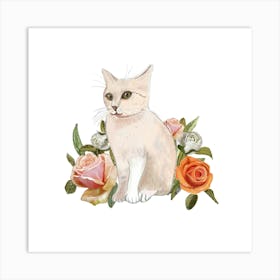 White Cat With Heirloom Flowers Square Art Print