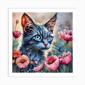 Blue Cat In Flowers Art Print