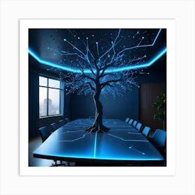 Modern Conference Room With A Glowing Blue Tree Centerpiece Symbolizing Connection And Innovation Art Print