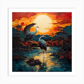 Turquoise Reflections of Graceful Cranes Art Print