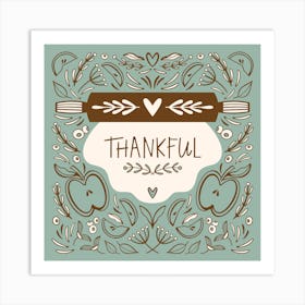 Thankful Rolling Pin Blue Square Illustrated Art Print