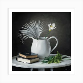 White Pitcher With Flowers And Books Art Print